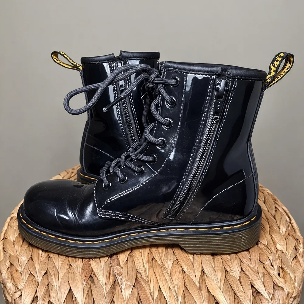 Dr Martens 1460 Youth Black Patent Leather Combat Boots Lace Up Side Zip